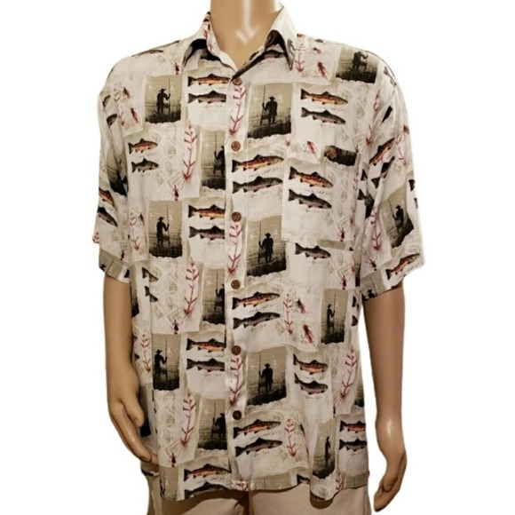 Men's Size Large Fisherman Fish And Print Short Sleeve Button Up Shirt Outdoors - Picture 1 of 5